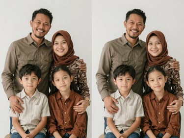 The same Indonesian family photograph fully restored, with rich natural colors, sharp details, and smooth paper texture, clean presentation.
