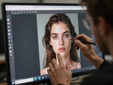 An editor carefully restoring a cracked digital portrait on a professional monitor, soft lighting focused on the screen details
