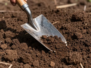 A close-up of dark, rich Haryana clay soil being turned over with a metal hand trowel, bright morning sunlight casting sharp shadows, focus on the earthy soil texture.