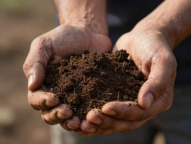 Macro close-up of rich dark Haryana soil being held in sturdy, experienced hands, warm early morning light illuminating the soil texture.