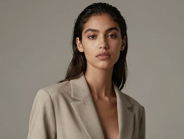 Elegant fashion portrait of a Latina model, soft studio lighting, muted neutral tones, high contrast, 85mm lens