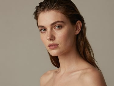 Commercial fashion portrait of model Valeria, warm natural light, soft gaze, neutral studio background