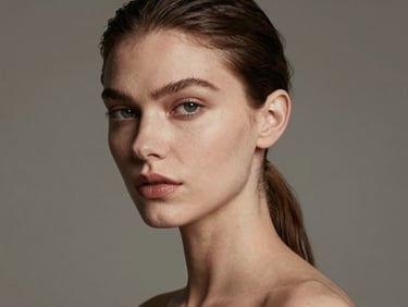 High-fashion editorial portrait of model Sofia, sharp cheekbones, neutral background, soft studio lighting