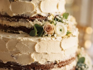 Macro close-up of a layered wedding cake, textured vanilla buttercream frosting with soft golden-hour window light, rich cream tones, shallow depth of field, 35mm