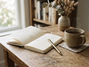 A quiet, styled desk setup with a linen-bound journal, a brass pen, and a ceramic cup, soft natural side-light, muted earth tones and brass accents, shallow depth of field, 35mm