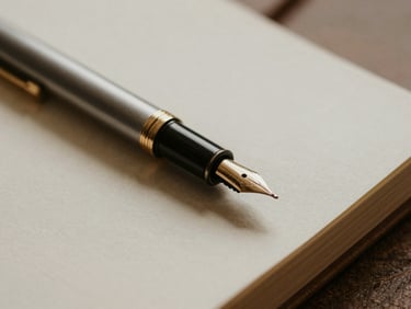Macro shot of a well-used fountain pen resting on an open linen-bound journal, textured paper, natural shadows, warm light.