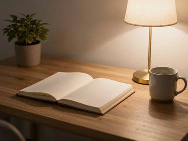 Styled home office desk at dusk, soft lamp light, linen-bound journal, ceramic mug, and a single plant, warm earth tones.
