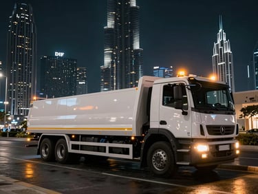 Wide-angle dramatic night shot of a spotless modern flatbed recovery truck parked on Al Mustaqbal St, glowing amber warning lights reflecting on the wet asphalt, towering DIFC skyscrapers in the background under a dark sky.
