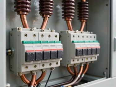 Close-up of a high-voltage industrial electrical panel with heavy switches and copper busbars, sharp focus, clean technical detail.