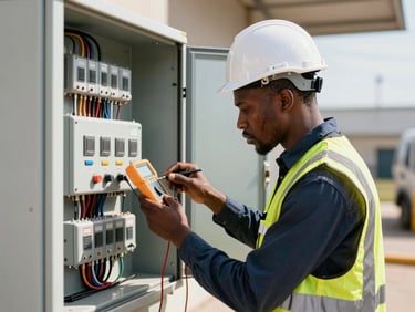 An African engineer in a white hardhat and safety vest inspecting electrical connections on a control panel with a digital multimeter, focused action shot.