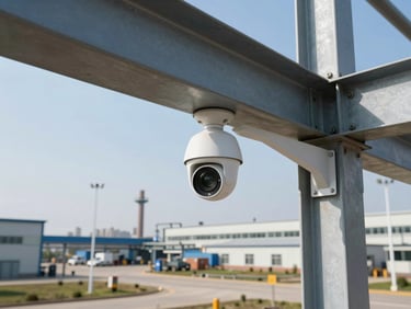 A modern outdoor security camera mounted high on a steel structural beam, looking down over an industrial yard, bright daylight.
