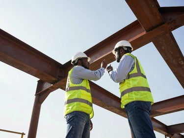 Low-angle dynamic shot of African engineers in high-visibility vests and hard hats inspecting a massive industrial steel structure, bright natural daylight, high-contrast rich tones.