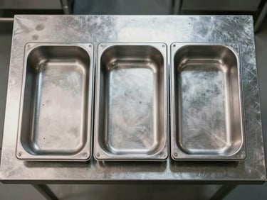 Top-down shot of a clean stainless steel prep table with integrated cold pans, sharp lines, industrial kitchen setting.