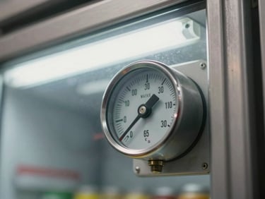 Tight macro shot of a commercial walk-in refrigeration temperature dial, stainless steel frame, bright industrial fluorescent lighting.