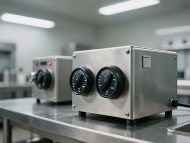 Close-up of industrial stainless steel prep tables and commercial mixer dials under bright kitchen fluorescents.