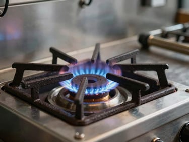 Close-up of industrial gas burners on a heavy-duty commercial range, cast iron grates, blue flames, stainless steel backdrop.