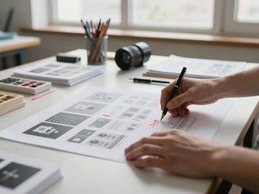 Designer's hands arranging printed proof sheets on a wide studio desk, red pen marks visible, tools and type specimens nearby, bright neutral daylight from a high window