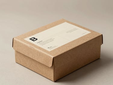 Packaging design mockup — kraft paper box with a printed label, on a pale studio surface, overhead light, no props or styling