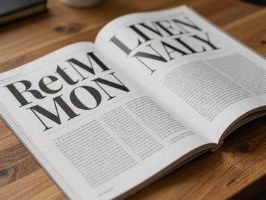 Close-up of an open editorial magazine spread on a wooden desk, bold grid typography visible, daylight from the side, paper texture sharp