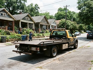 A flatbed tow truck parked on an Atlanta neighborhood street under bright daylight, realistic 35mm documentary photography, high contrast