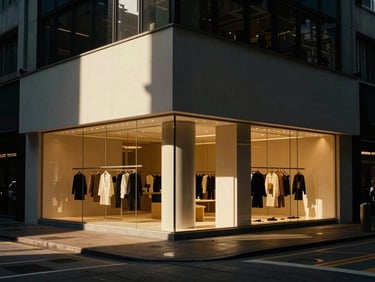 High-contrast wide shot of a modern retail flagship store in Hong Kong, dramatic architectural lighting casting deep shadows, minimalist premium aesthetic, warm gold tones.
