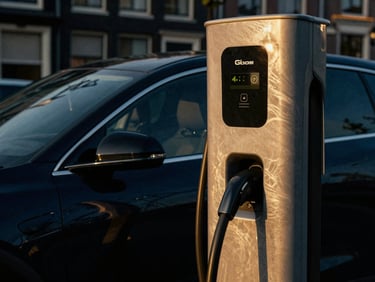 Cinematic close-up of a sleek electric vehicle charging station in Amsterdam at dusk, moody golden hour light reflecting on polished metallic surfaces, 35mm film grain, high-contrast.