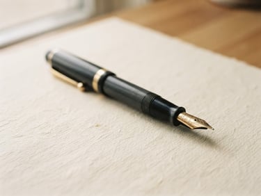 Macro detail of a fountain pen resting on textured cream paper, soft natural window light, shallow depth of field, 35mm