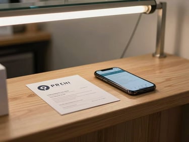 Wide shot of a small shop counter with a printed business card and a mobile phone displaying a simple website page, tungsten overhead light, no people, plain background
