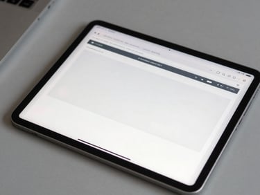 Flat-lay close-up of a tablet screen showing a website builder interface mid-process with placeholder text blocks visible, resting on a plain grey desk surface, soft neutral daylight, no hands in frame