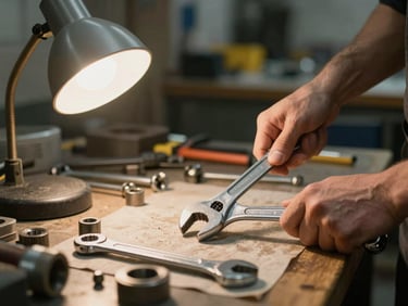 Hands holding a wrench over a repair workbench, metal parts and tools laid out on a cloth, soft tungsten lamp light from the left side of the frame