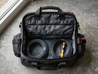 Overhead flat-lay of an electrician's work bag open on a concrete floor, coiled wires and a screwdriver visible, daylight-neutral lighting from a nearby window