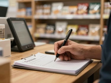 Close-up of a shopkeeper's hand writing in a stock register on a wooden counter, soft tungsten overhead light, shelves with packaged goods blurred in background