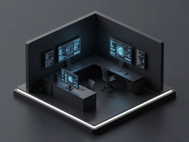 Isometric view of a minimalist high-tech workspace, glowing digital screens, dark monochrome palette, cinematic depth.