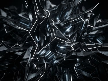 Macro close-up of dark metallic abstract 3D geometry with sharp white edge highlights and subtle digital luminescence, high-contrast low-key lighting.