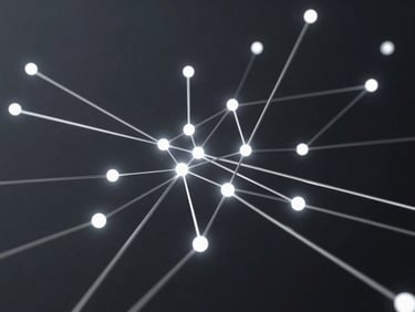 Futuristic 3D render of glowing data nodes and interconnected silver lines, dark charcoal background, sharp white edge lighting.