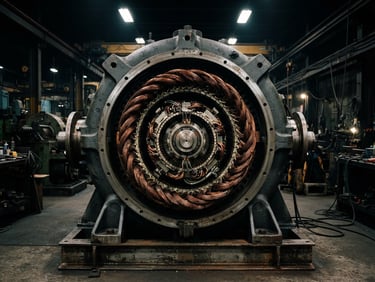 Sharp industrial photography of a massive heavy-duty generator alternator assembly with copper windings, dramatic high-contrast workshop lighting, metallic steel and charcoal tones, 50mm lens