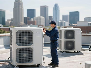 Uniformed technician inspecting a large commercial HVAC unit on a rooftop, with Charlotte skyline in background, bright natural daylight, high-contrast cool tones, sharp focus, 35mm lens.