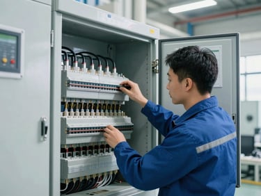 Uniformed technician troubleshooting a complex commercial electrical panel inside a modern facility, industrial interior light, high-contrast cool tones, sharp focus, 35mm lens.