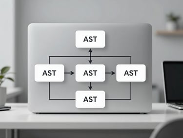 A clean, centered system architecture diagram illustrating compiler passes and AST generation, high contrast, minimalist design, cool gray background.