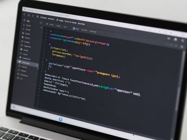 Close-up of a clean code editor with syntax highlighting on a dark screen, sharp focus, shallow depth of field, cool gray tones.