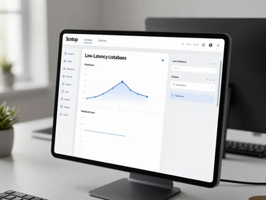 A sharp, high-fidelity UI mockup of a system monitoring dashboard showing low-latency database queries, clean technical layout, cool gray tones, neutral daylight.