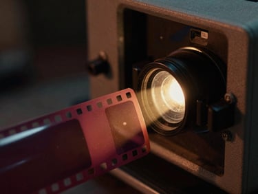 Macro extreme close-up of 35mm film strip running through a vintage projector, warm light beam, dust and grain visible
