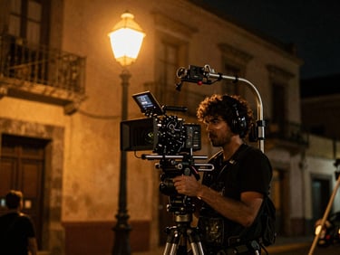 Behind the scenes on a film set at night in Mexico City, camera rig on a shoulder mount, warm golden-hour flare from a street lamp