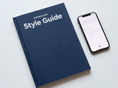 Clean flat-lay of a premium brand style guide book next to a modern smartphone displaying a clean interface, cool natural daylight
