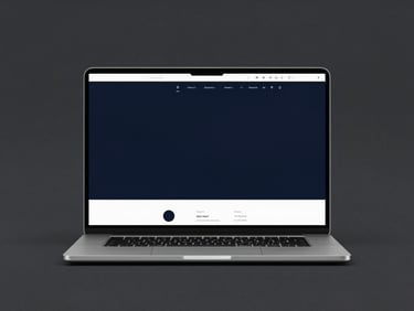 Sleek, minimalist laptop mockup displaying a premium brand's web interface, dark slate background, sharp focus, cool studio lighting