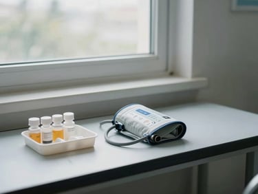 Environmental wide shot of a quiet clinical monitoring station — a blood pressure cuff and medication tray resting on a clean surface beside a small window, overcast daylight, no staff visible, the clinical tools in their working context