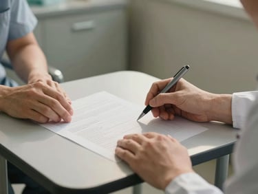 Detail of two hands across a small table in a clinical space — one hand resting open, the other holding a pen over a printed assessment form, soft diffuse north-facing light, warm gray clinical environment, documentary close framing