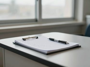 Close environmental frame of a clinical consultation desk from a low side angle — a notepad with handwritten notes and a pen resting beside it, soft overcast north-facing daylight through a frosted window, warm gray surface, no people visible, clinical intake space suggested by the objects alone