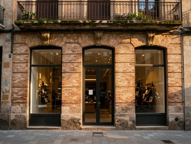 Wide environmental shot of a historic Barcelona storefront in Gracia, warm golden-hour sunlight reflecting on the glass, earthy terracotta brickwork, 35mm photography