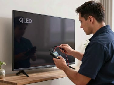 Un técnico uniformado inspeccionando la parte trasera expuesta de un televisor QLED delgado montado en la pared de una sala elegante, sosteniendo un multímetro digital.